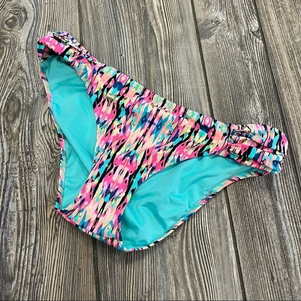 PINK Blue Shade & Shore Bikini Bottoms NWOT Aztec Graphic Gold Leaf XS Medium